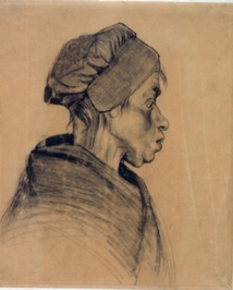 kop van een vrouw; van Gogh - krijtstudie van een boerin; 1884 onderdeel van een groot schilderij met meer figuren